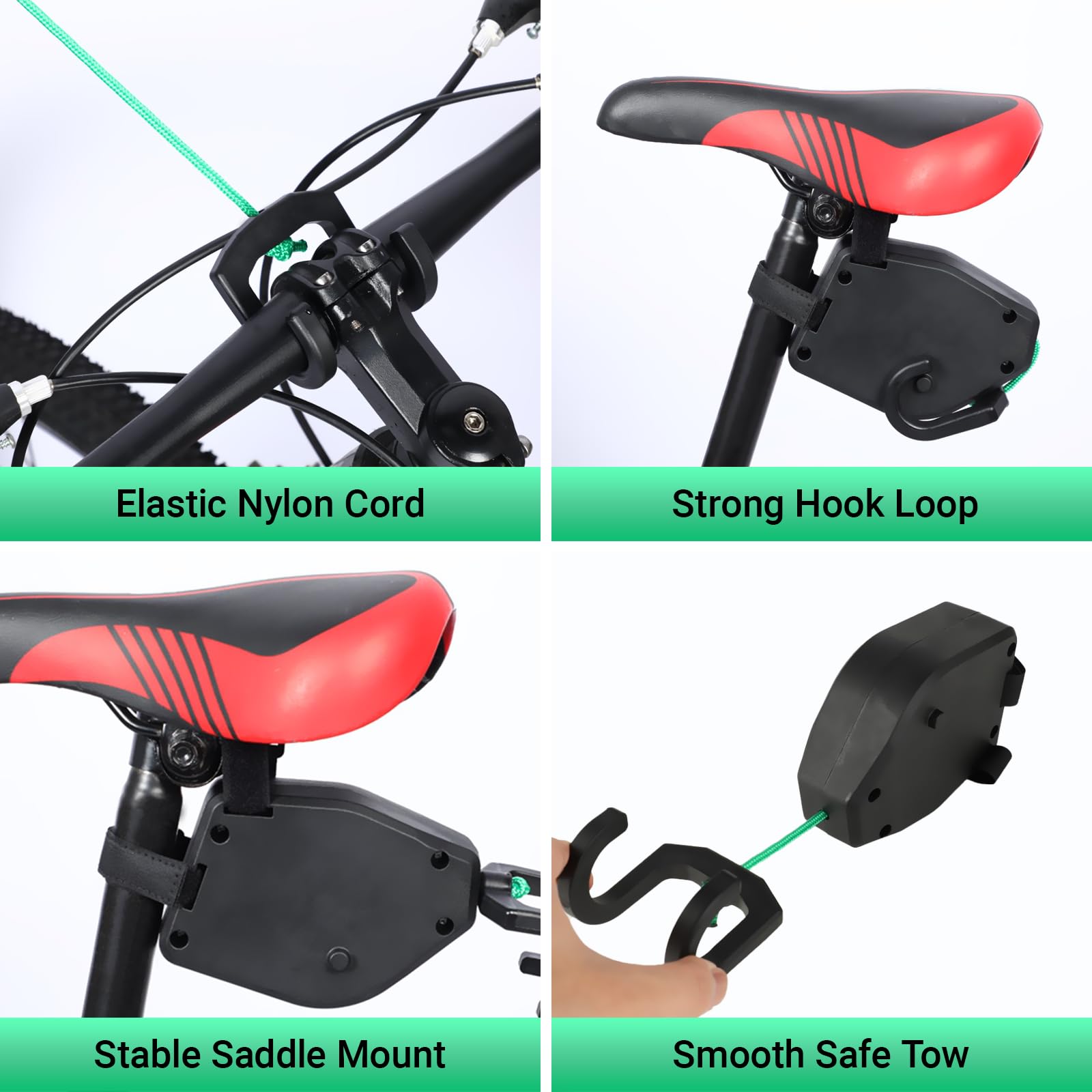 Linka holownicza dziecięca – lina holownicza 2,5 m – system Follow Me do rowerów MTB, szosowych i dziecięcych – pasuje do wszystkich rur rowerowych, czarna
