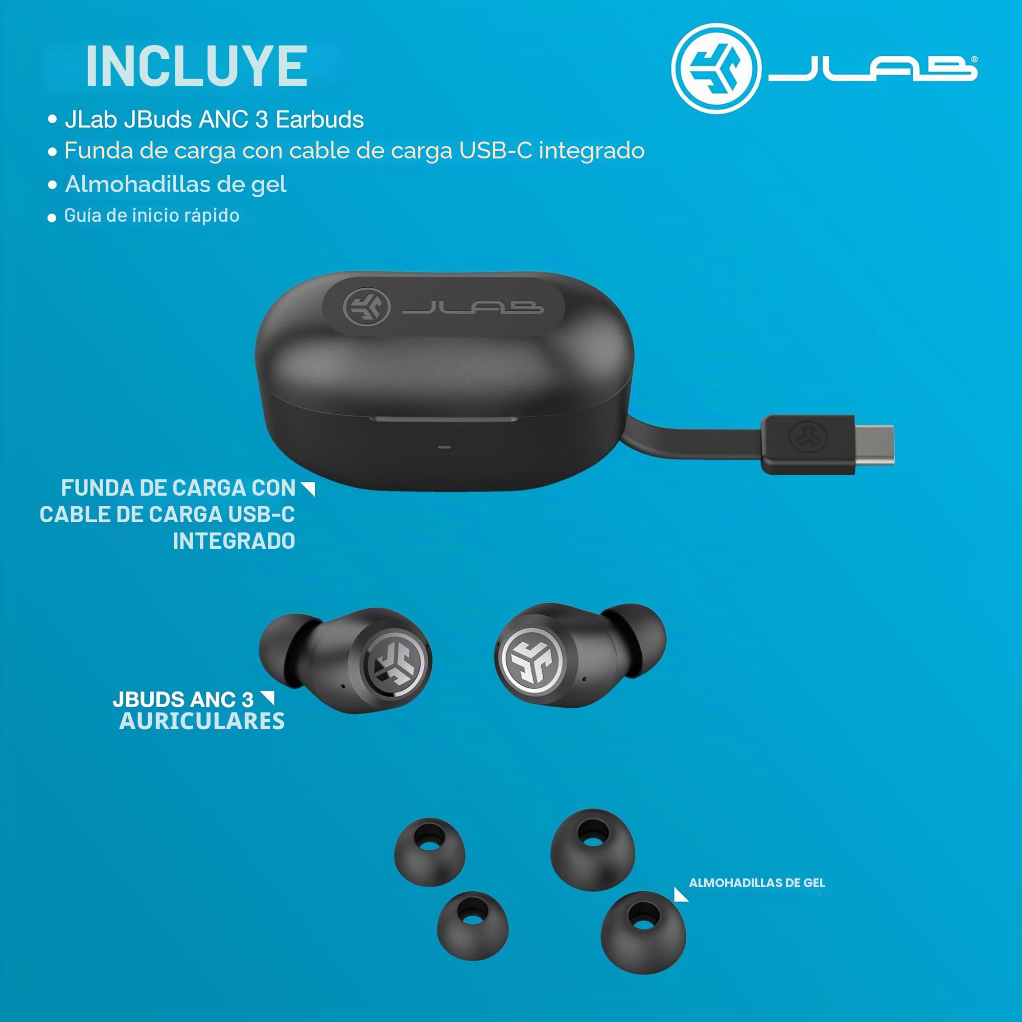 JLab JBuds ANC 3 Audífonos Bluetooth Inteligentes - Cancelación Ruido | Cancelación Activa de Ruido, más de 42h, Auriculares Inalámbricos IP55 Resistentes al Sudor, Sonido EQ3