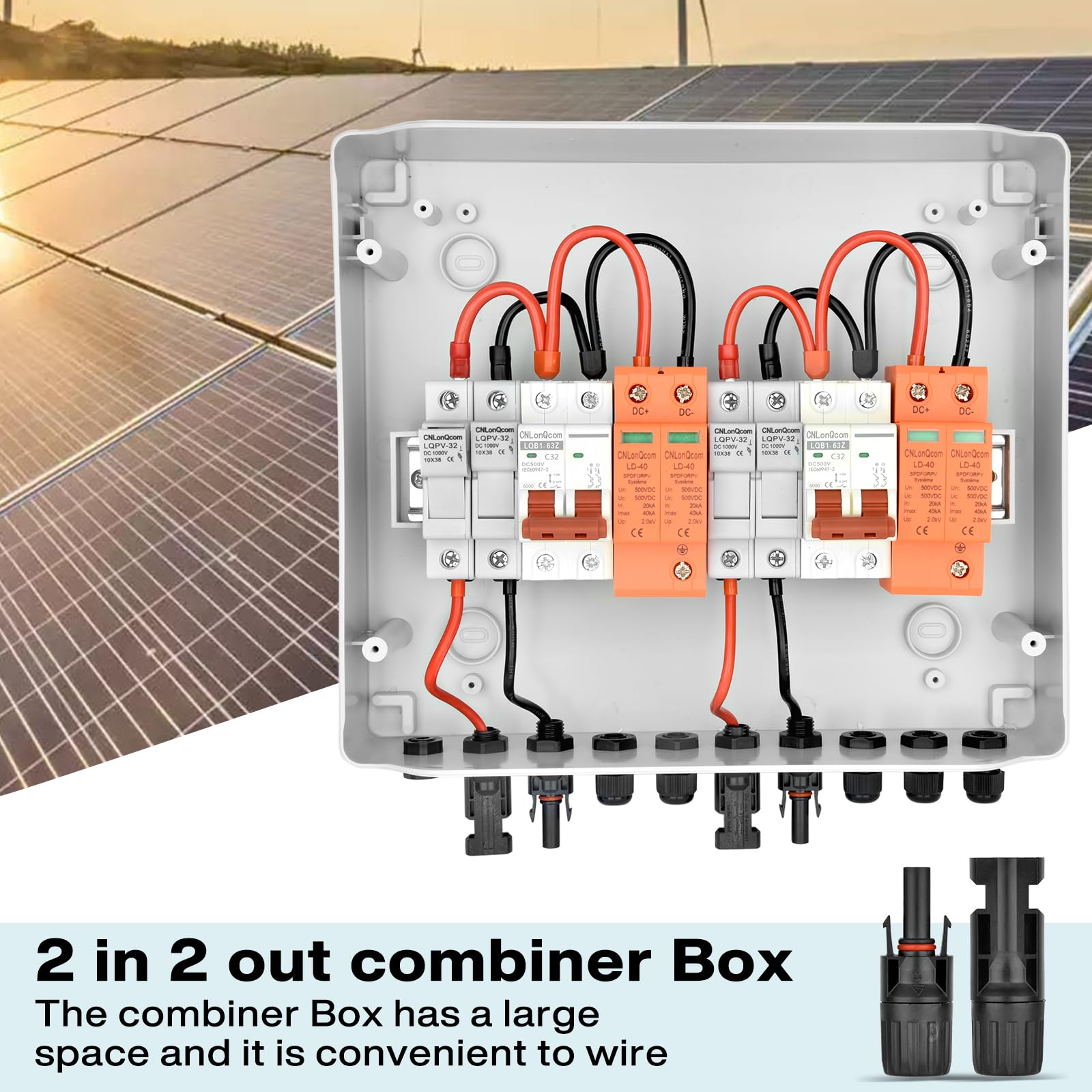 Protección contra sobretensiones PV 500 V 32 A, caja de conexión solar, protección DC, interruptor de separación PV 2 cuerdas (2 en 2 salidas), interruptor de caja CC