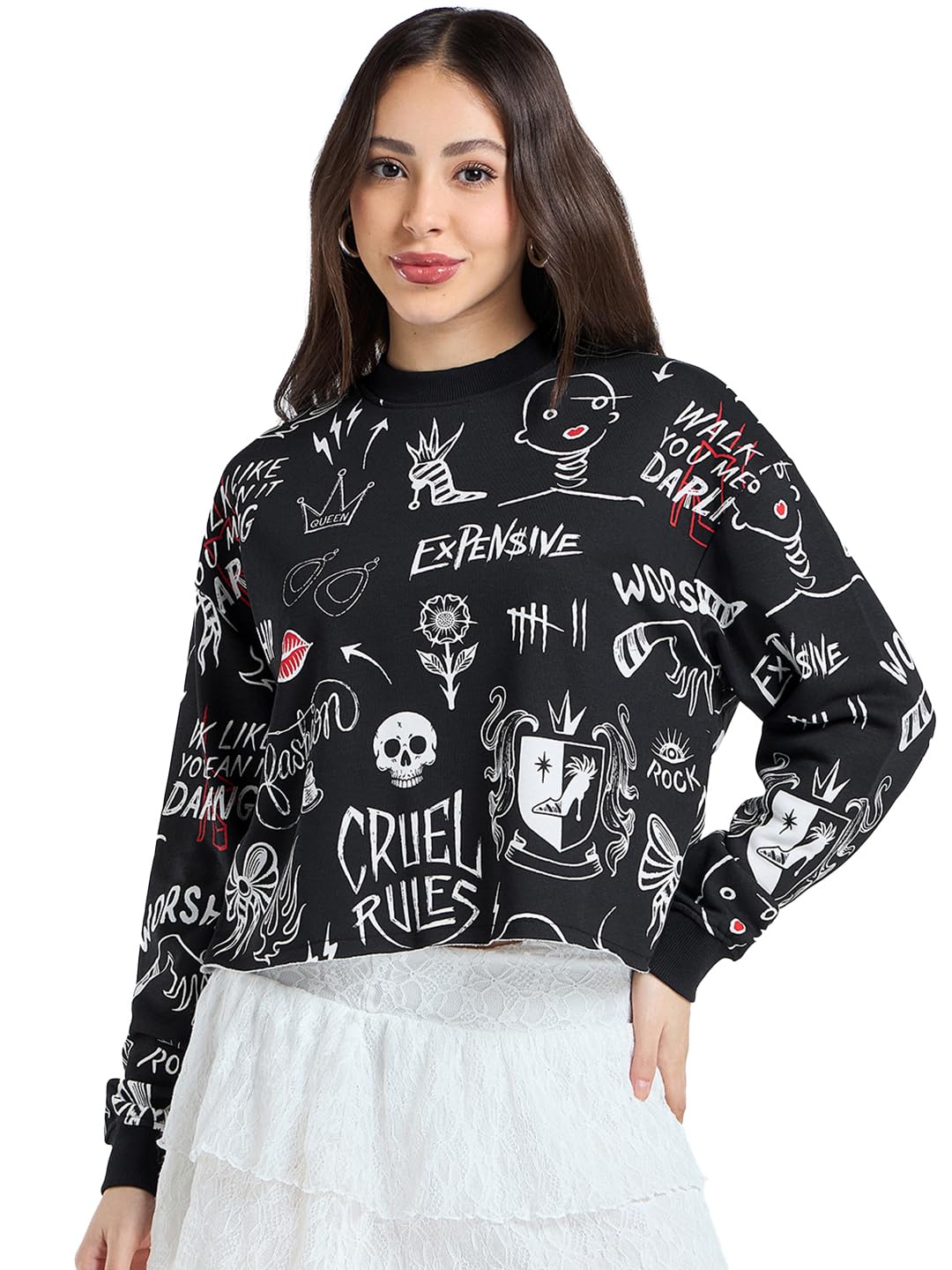 X Disney Cruella Women's Cotton Blend Oversized Fit Sweatshirt | Sweatshirt for Woman Winter Wear-image-35