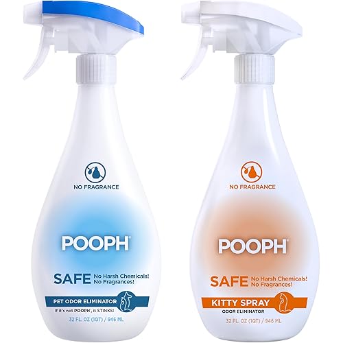 POOPH Pet Odor Eliminator and Litter Box Deodorizer - 2x32oz Bottles - Instant, Safe, Fragrance-Free, Clear, Non-Staining, Unscented