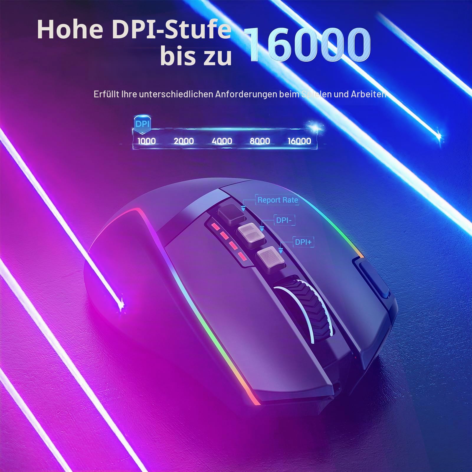 Redragon Kabellose Gaming Maus, 16000 DPI, 2.4G/USB-C, 9 Programmierbare Tasten, Wiederaufladbar RGB, 170Hrs