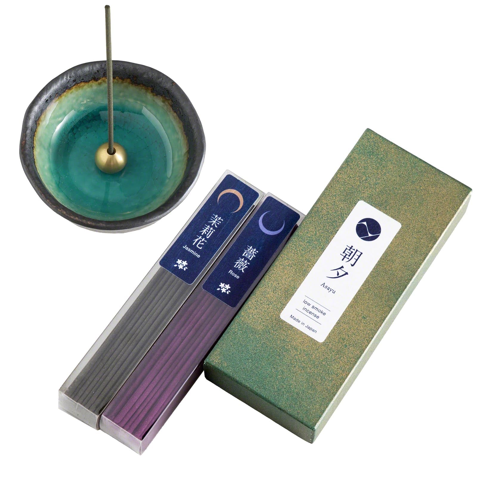 Asayu Japan Set Regalo Bastoncini di Incenso (Gelsomino + Rosa) + Portaincenso a Natura Aquamarina Gift Set, Realizzati in Giappone con materiali naturali