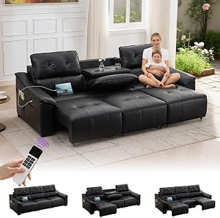 TYBOATLE Electric Reclining Sectional Couch, Power Recliner Sofa w/USB & Type-C Charging Ports and Cup Holders, Leather Reclining Sofa for Living Room, Home Theater (Black)