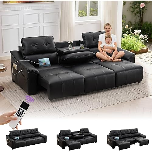 TYBOATLE Electric Reclining Sectional Couch, Power Recliner Sofa w/USB & Type-C Charging Ports and Cup Holders, Leather Reclining Sofa for Living Room, Home Theater (Black)