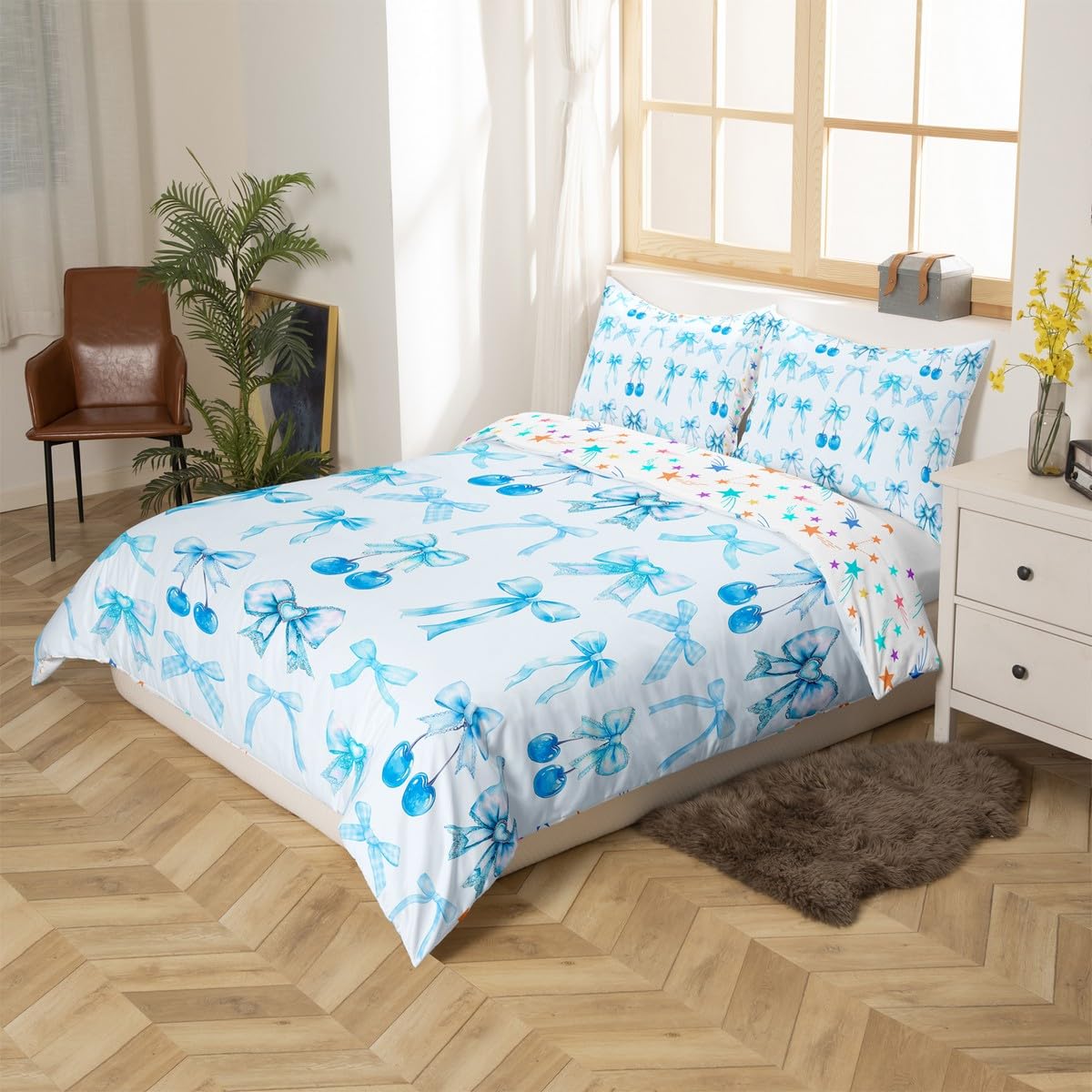 Homewish Bluey Cherry zestaw poszewek na kołdrę z kokardą śliczna jedwabna wstążka kokardka super king zestaw pościeli, księżniczka muszka poszewka na kołdrę, marzycielski zestaw pościeli kawaii
