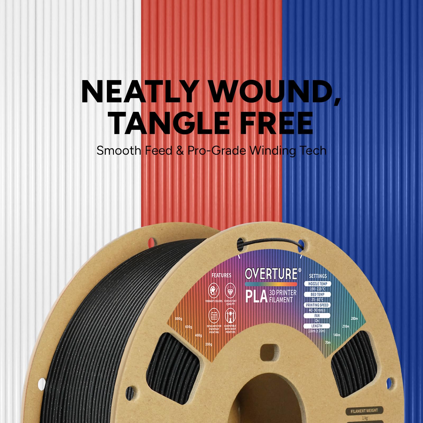OVERTURE Filamento PLA 1.75mm - Bobina 1kg (2,2lbs) Precisione ±0.02mm, in Cartone Riciclato | Compatibile Stampanti 3D FDM (Negro Brillante)