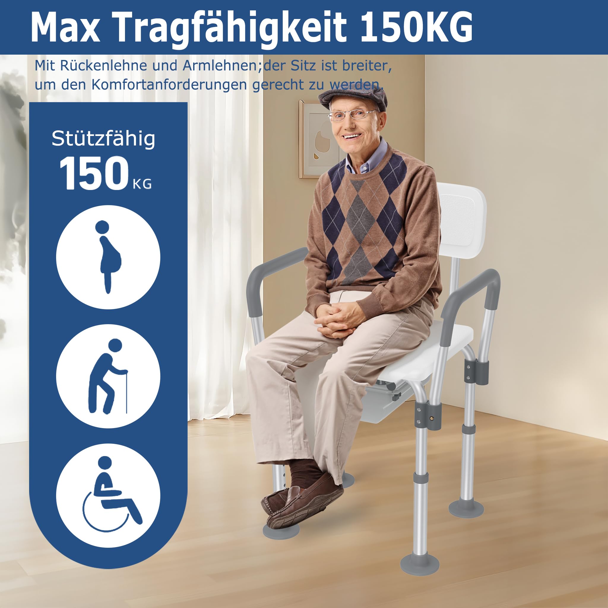 Aluminiowe higieniczne krzesło toaletowe z regulacją wysokości, ze zdejmowanymi podłokietnikami, oparciem, stołkiem prysznicowym, antypoślizgowe, do 150 kg