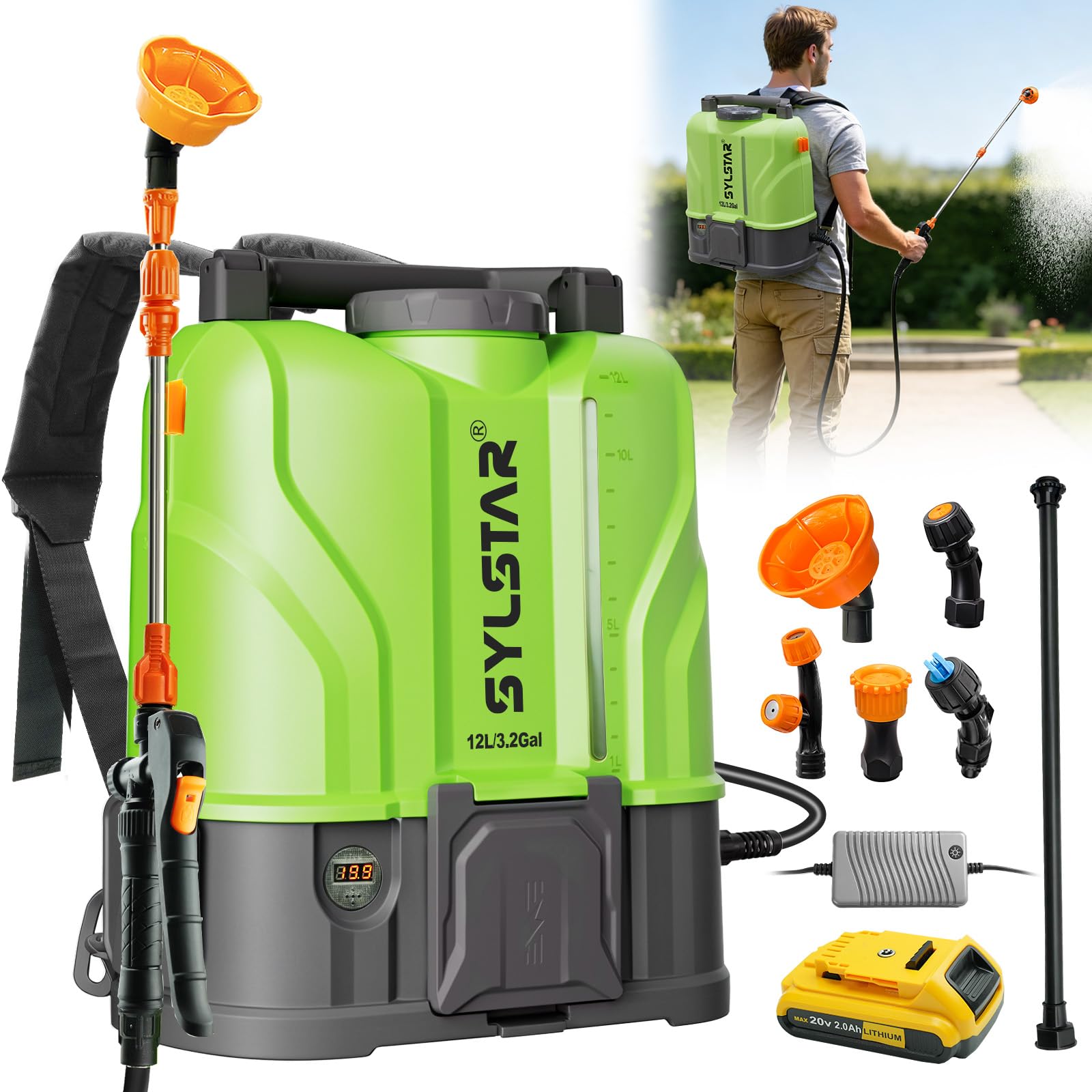 SYLSTAR Pompa Irroratrice a Batteria 12L, 7Bar Potente Pompa a Spalla a Batteria Compatibile con DeWalt 18V Batterie, Spruzzatore Elettrico Velocità Regolabile,5 Ugelli (Caricabatterie Incluso)