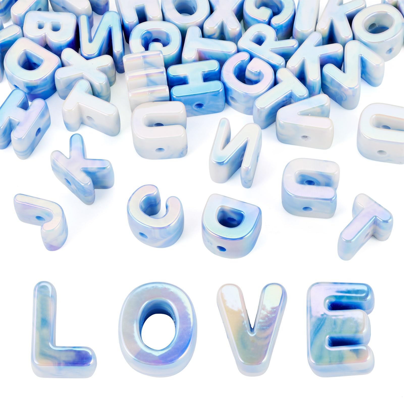 Photo 1 of FASHEWELRY 40Pcs Large Acrylic Slide Letter Beads Cornflower Blue Big Alphabet Beads UV Plating Iridescent A to Z Initial Slider Bead for Bracelets Necklace Keychains Jewelry Making