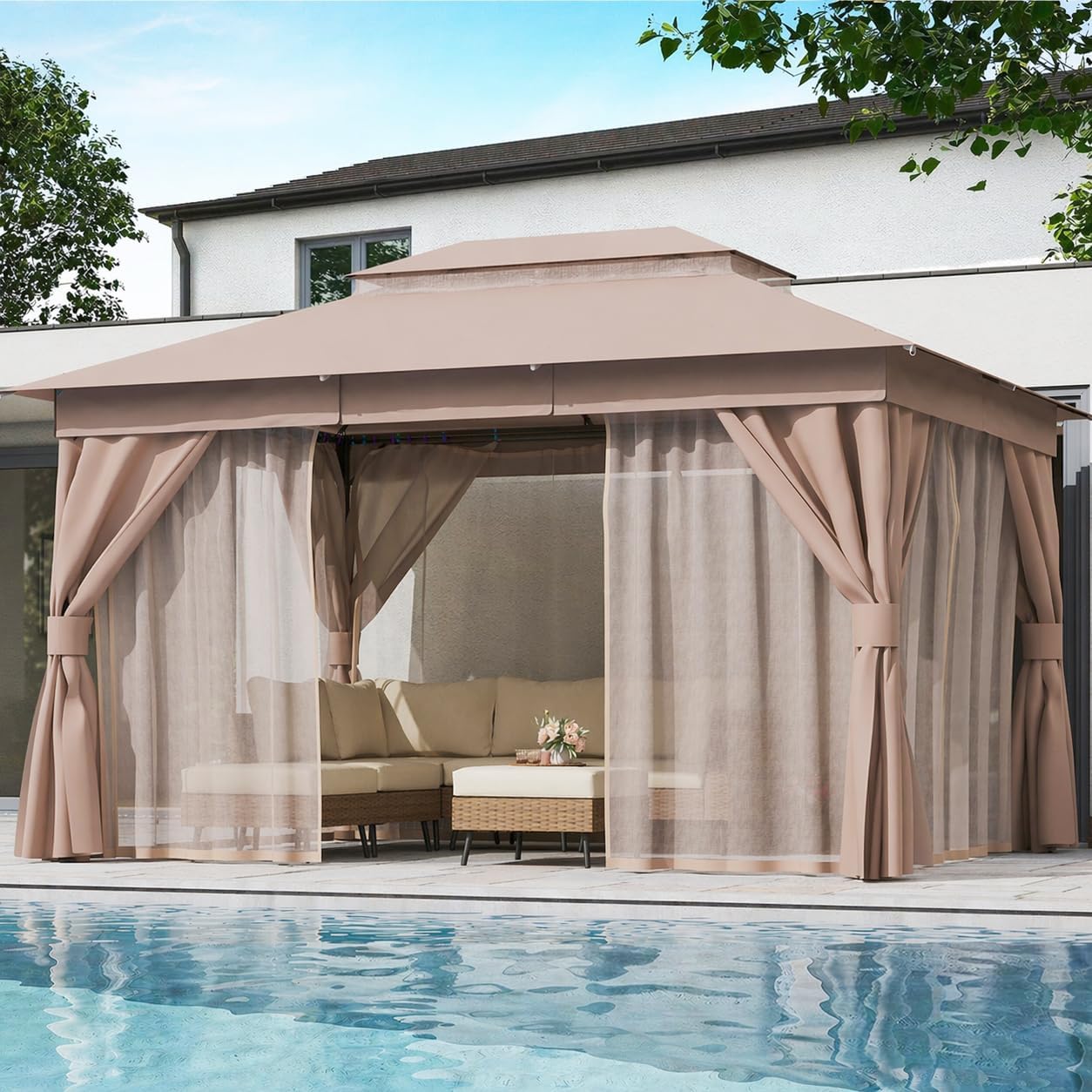 LAUSAINT HOME Patio Gazebo 10'x13', Outdoor Heavy Duty Party Tent Shelter with Double Roofs, Mosquito Nettings and Privacy Screens for Backyard, Garden, Lawn, Khaki