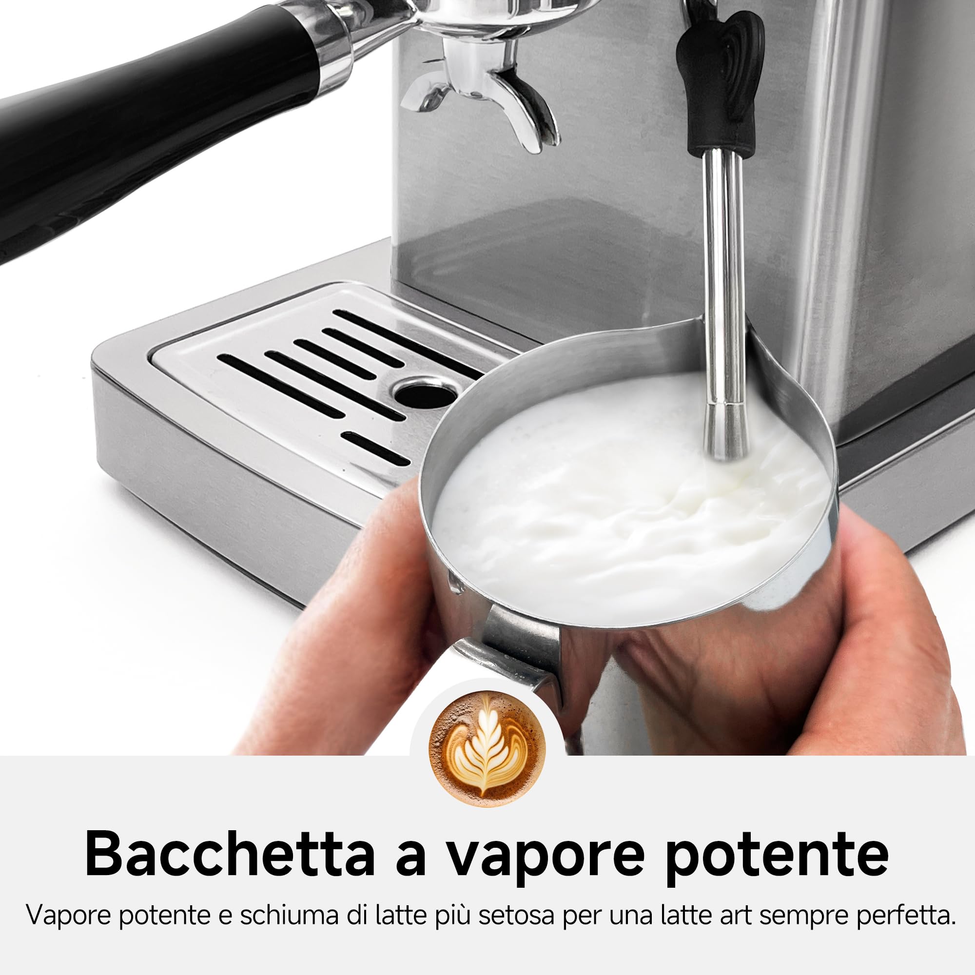 HIBREW Macchina Caffè Espresso Programmabile, Macchinetta Caffè Polvere in Acciaio Inossidabile da 19 Bar con Lancia Vapore, Serbatoio d'Acqua Rimovibile da 1,8L, Regolazione Multifunzionale
