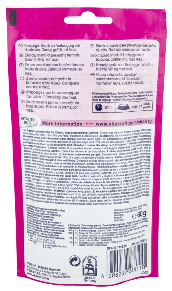 Vitakraft Crispy Crunch Classic, golosinas para Gatos, crujiente Snack para Gatos Relleno de Malta, en Bolsa resellable, sin azúcar añadido (1x 60g)