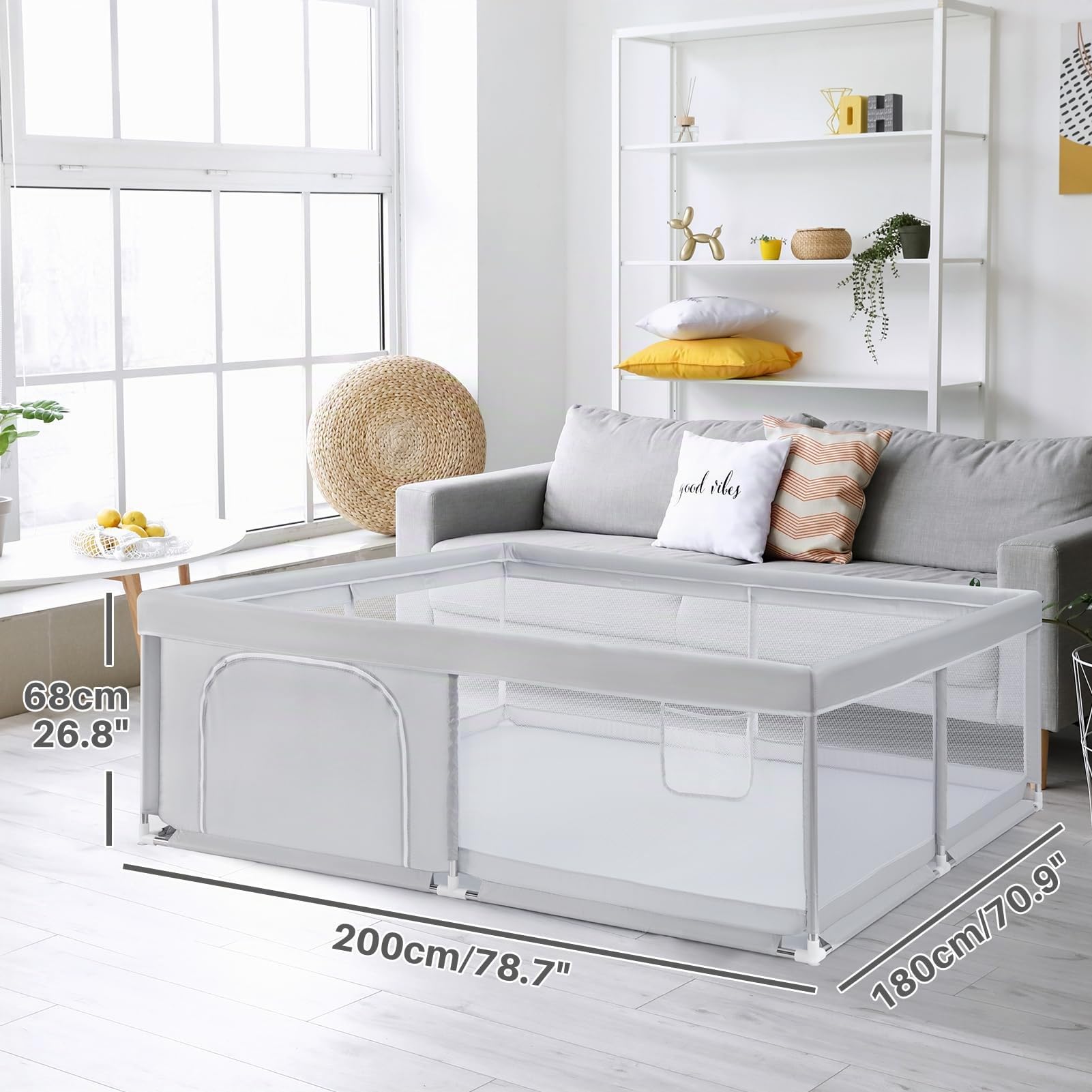 BEJOY Grand Parc pour Bébé, XXL 180x200cm Compact et Solide, Protection en Mousse, Parc de Jeu de Sécurité Antidérapant avec Porte à Fermeture Éclair Ronde en Maille Respirante Centre D'activités