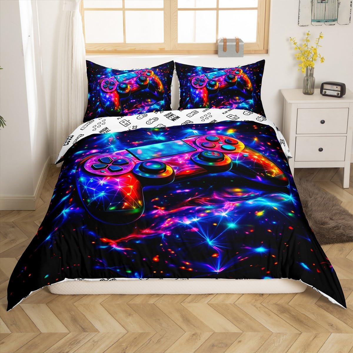 Loussiesd Kids Gamer Games Bedding Set Single Size Galaxy Gaming Glitter Game Quilt Cover Girls Boys Gamepad Teens Duvet Cover Set including 1 Pillowcase - Image 2