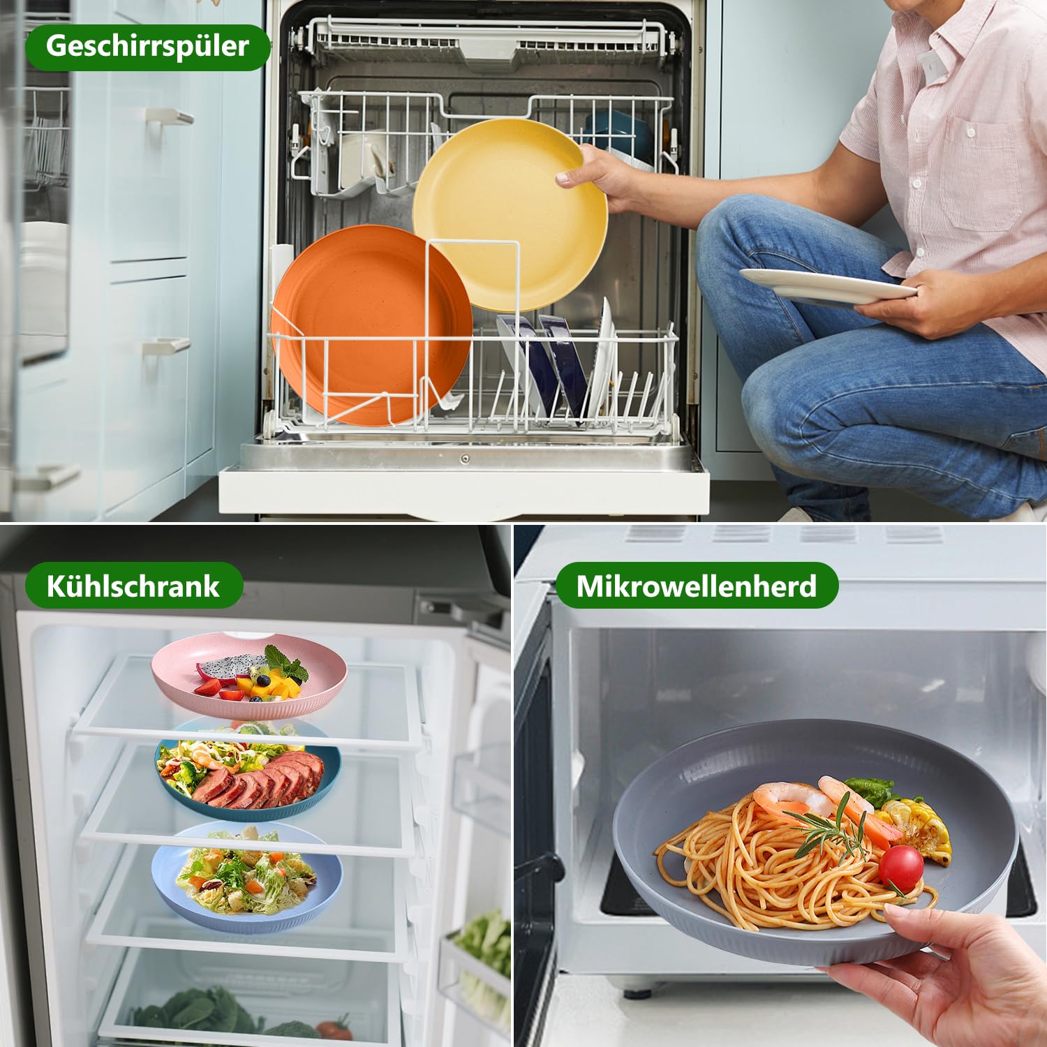 8 Stück plastikbesteck, Unzerbrechliches plastikteller Set, Tiefe aus Kunststoff Camping teller melamin für Salat Pasta Party Zuhause Mikrowelle und Spülmaschinenfest 22.5cm