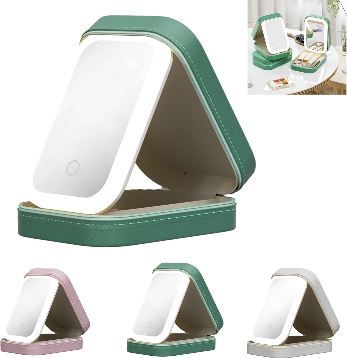 CRIVERY LED Three-Color Adjustable Makeup Mirror, Travel Portable Rechargeable Makeup Organizer with Led Lights, Waterproof Vanity Mirror Jewelry Box with Zipper, Multi-Compartment Storage(Green)