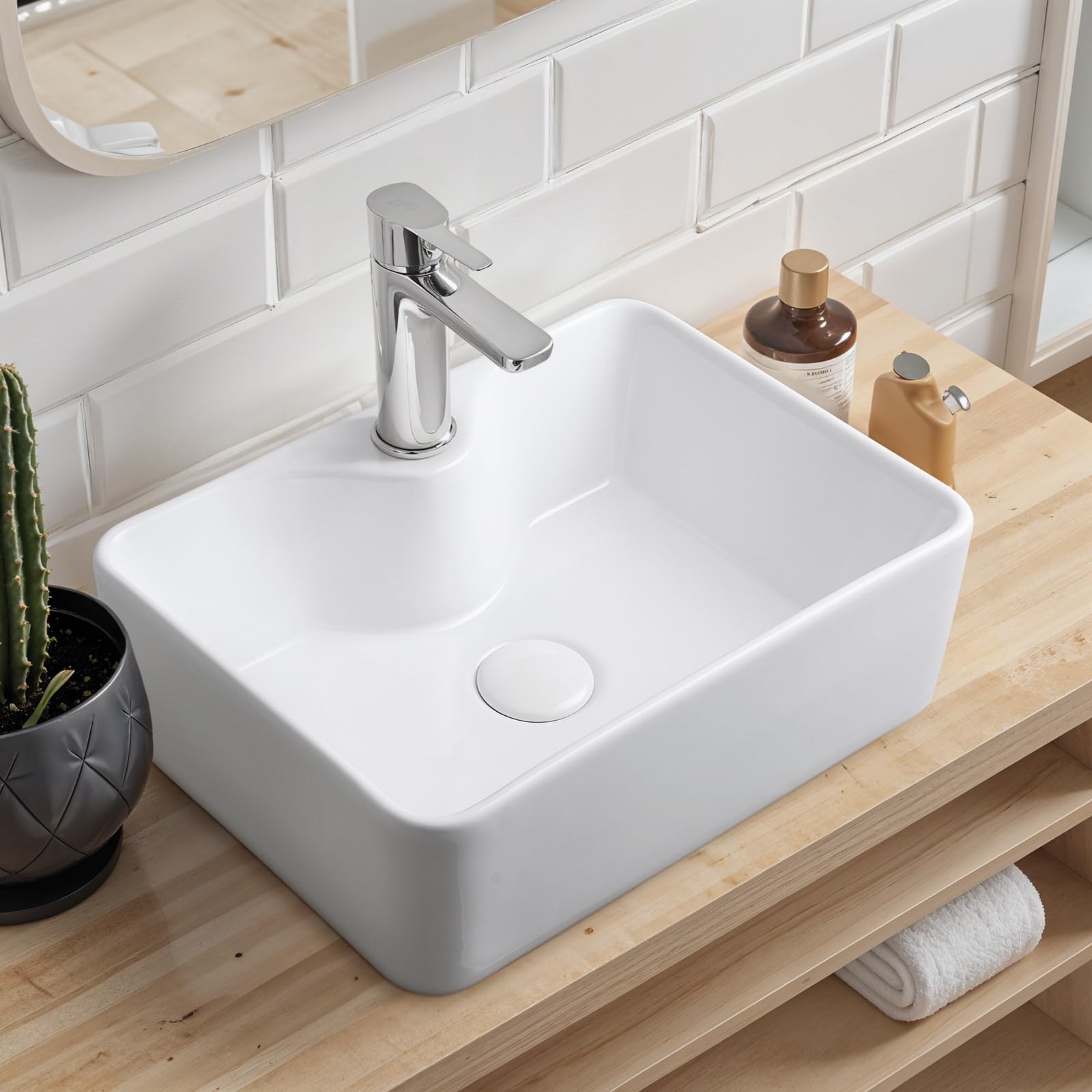 Warmiehomy Countertop Bathroom Vessel Ceramic Sink,Rectangle Ceramic Basin with Tap Hole Waste Drainer for Bathroom Cloakroom Vanity Lavatory (White,40x30x13cm) — image 1