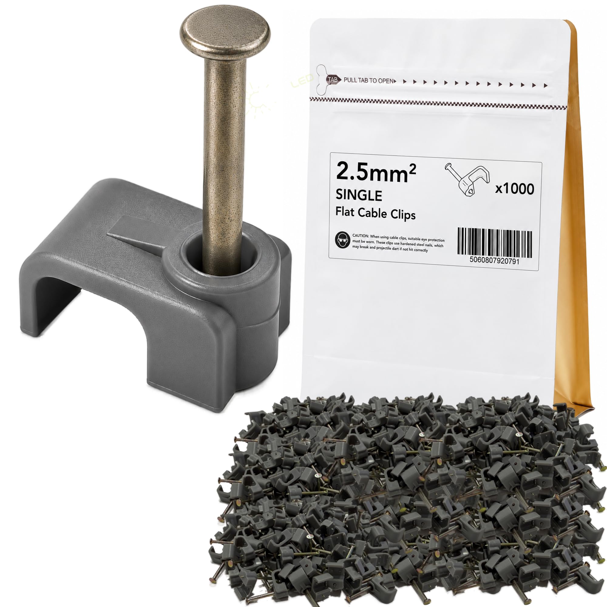 Pack of 1000 2.5mm Single Flat Cable Clips for Twin & Earth Cable, Ethernet Cable & Electrical Wiring, Nail-In Wall Cable Clips, Grey