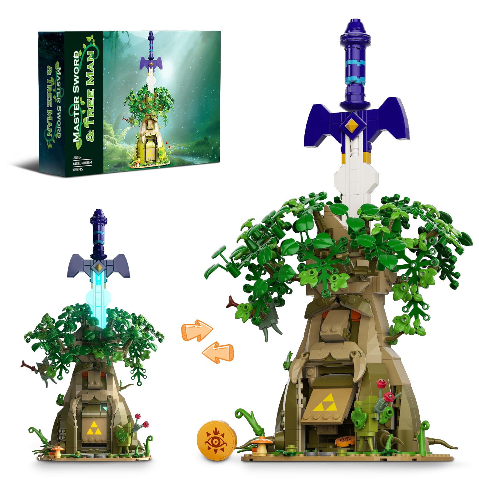 Tree & Sword Building Block Set for Boys, Compatible with Lego Set, Luminous Sword & Coin Toss Game, Magic Tree Game Action Figures Collectible Model