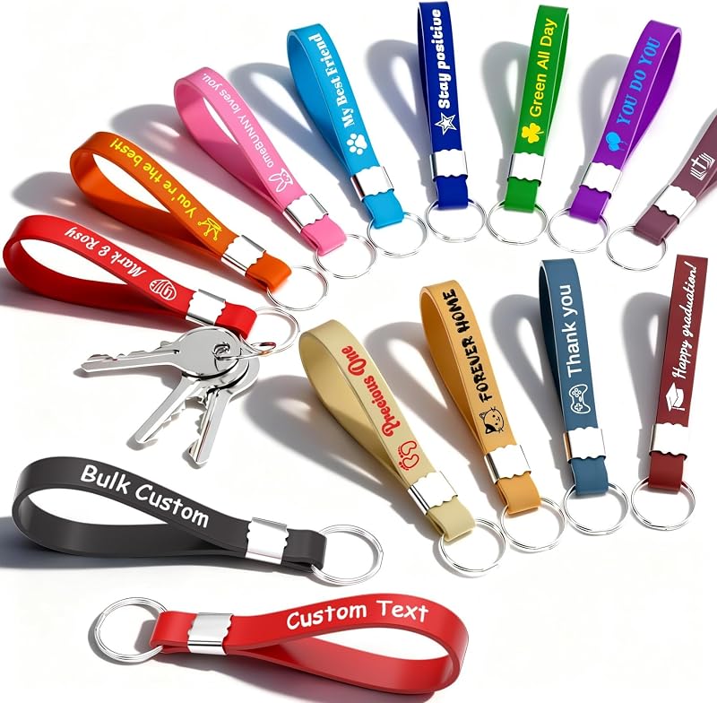 Custom Keychain Bulk 20-2000PCS, Silicone Personalized Keychains for Men Women, Double Side Printing with Your Logo/Text, Customized Wrist Keyring Thank You Gift for Teacher Staff Team Event Promotion