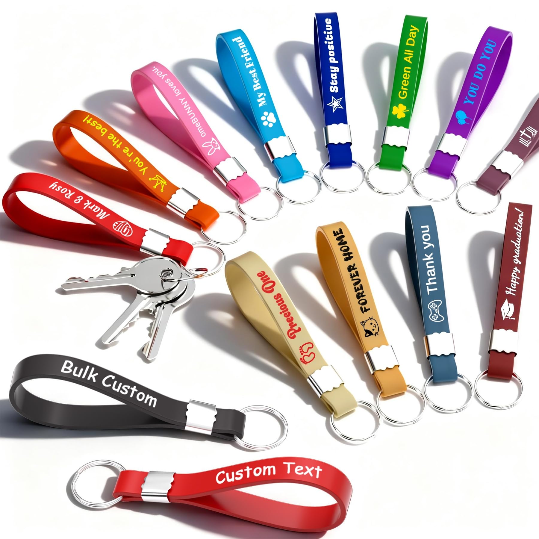 Custom Keychain Bulk 20-2000PCS, Silicone Personalized Keychains for Men Women, Double Side Printing with Your Logo/Text, Customized Wrist Keyring
