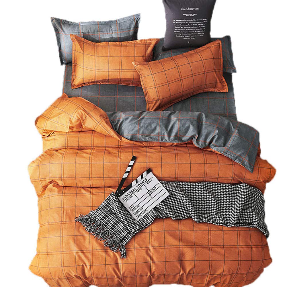 Loussiesd Set copripiumino matrimoniale reversibile a quadri, arancione e grigio, con chiusura a cerniera, in microfibra leggera e morbida, 3 pezzi (1 copripiumino + 2 federe), biancheria da letto a