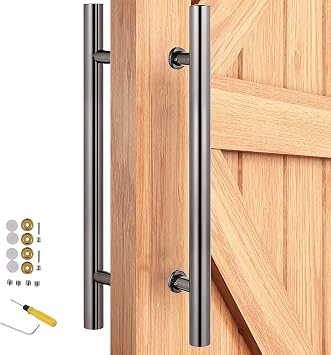 Door Pull Handle Set, 60/80/ 100/120/ 150cm Round Door Bar Handle, Stainless Steel Wooden Sliding Barn/Glass Door, Easy Installation Black 80cm/31.5in