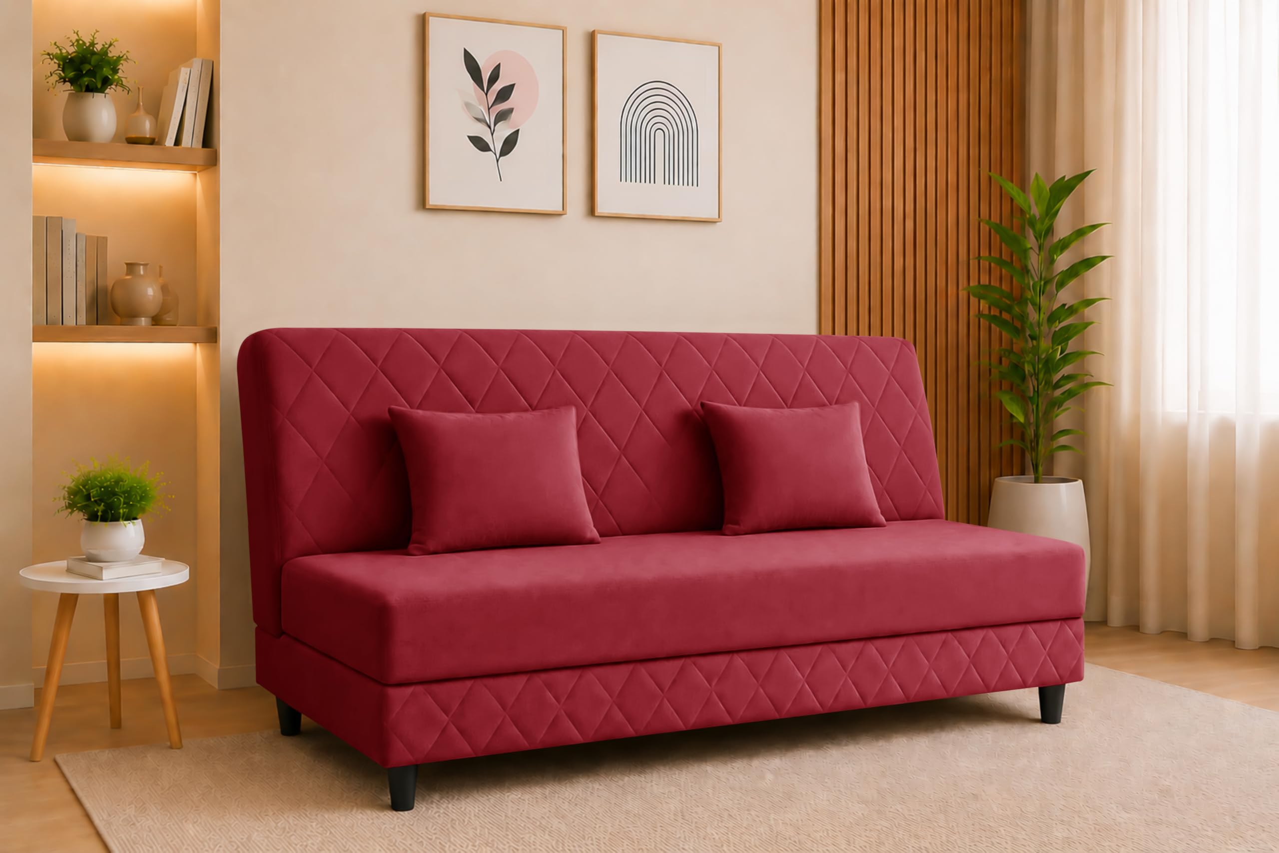 Deco Studio Velvet Fabric Sofa Cum Bed | 3 Seater Sofa Bed | Premium Upholstered Folding Couch for Living Room, Guest Room & Bedroom | Quilted Backrest with 2 Cushions (Red)