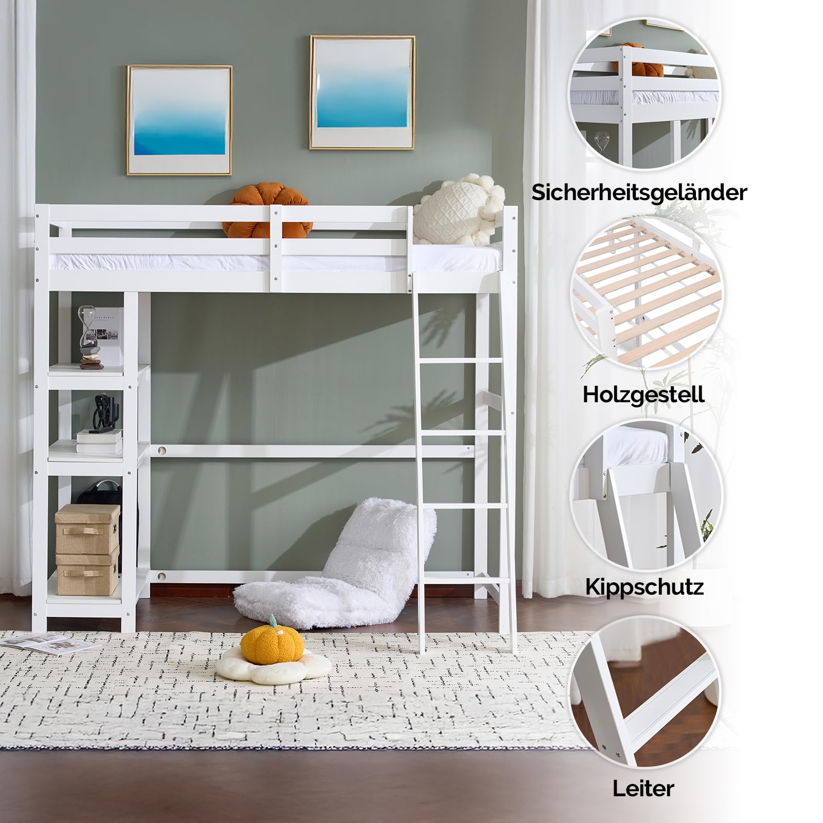 VINGLI Hochbett 90x200 cm, stabiles Kinderbett aus Kiefernholz mit Rausfallschutz und Treppe, 2-in-1 Jugendbett mit 3-stöckigem Regal, Weiß