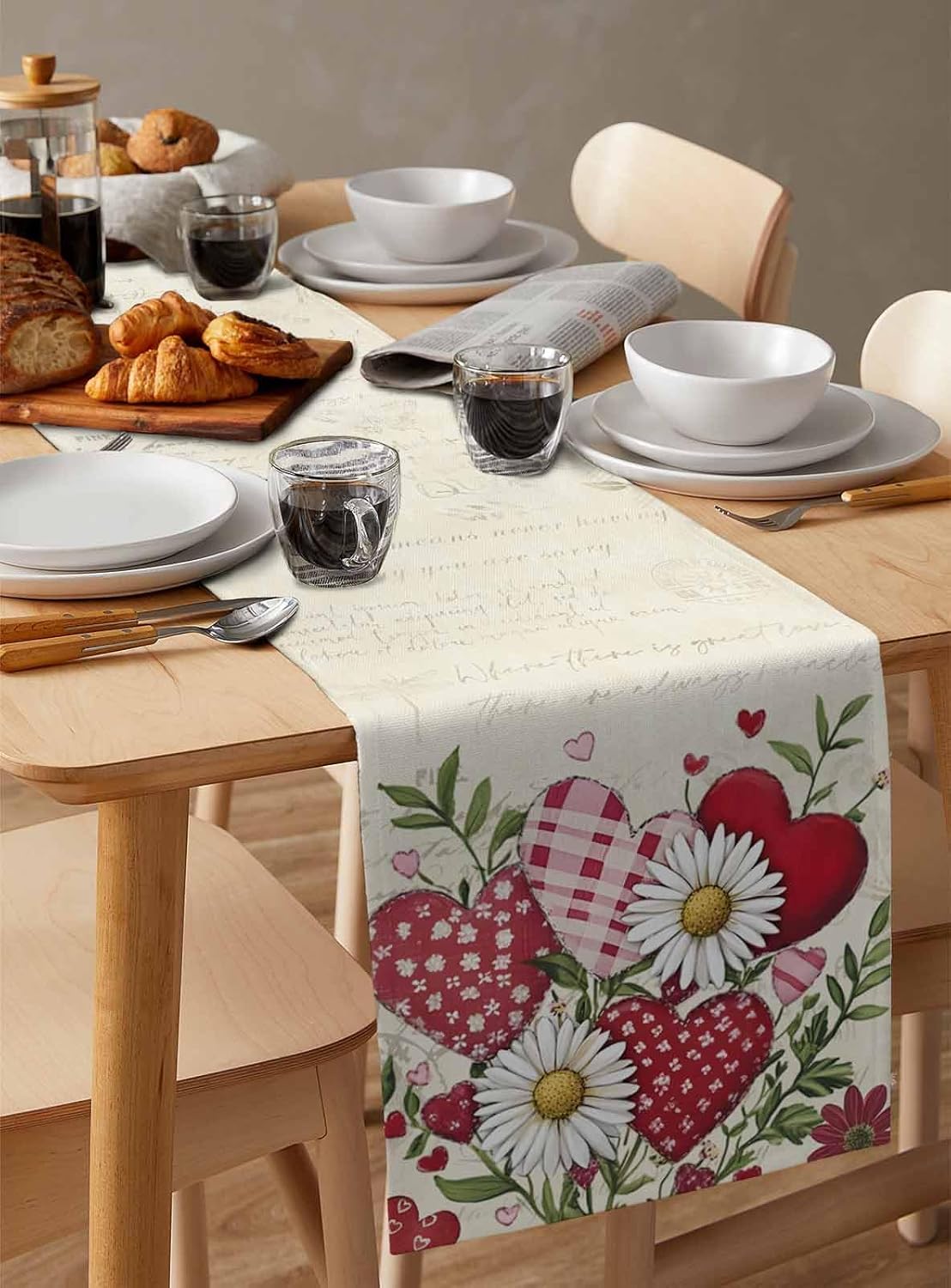 Valentine's Day Floral Table Runner 120 Inches Long Daisy Heart Shaped Flowers Coffee Table Runner Romantic Vintage Kitchen Dining Table Decoration for Indoor Outdoor Home Party Holiday 13 x 120 Inch