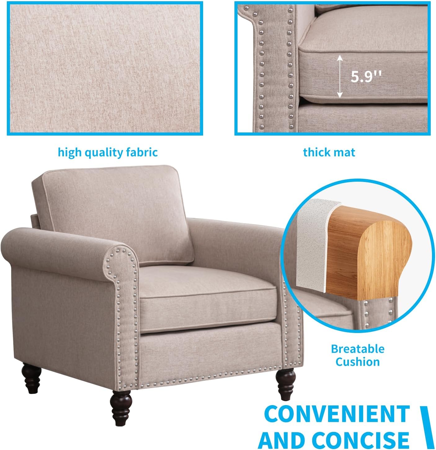 Mjkone Sofa, Mid-Century Armchair, Modern Living Room Single Chairs, Upholstered Small Sofas for Living Room, Single Sofa for Bedroom Office with Riveted Accent& Wood Legs - Beige