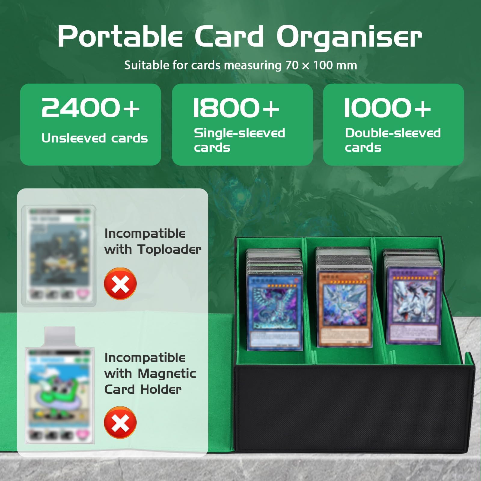 Deck Box per Carte MTG, Deck Box con 10 Divisori Colorati | 3 Righe Deckbox, per le Carte di Magic Commander YGO TCG MTG Nero Verde Decks Boxs