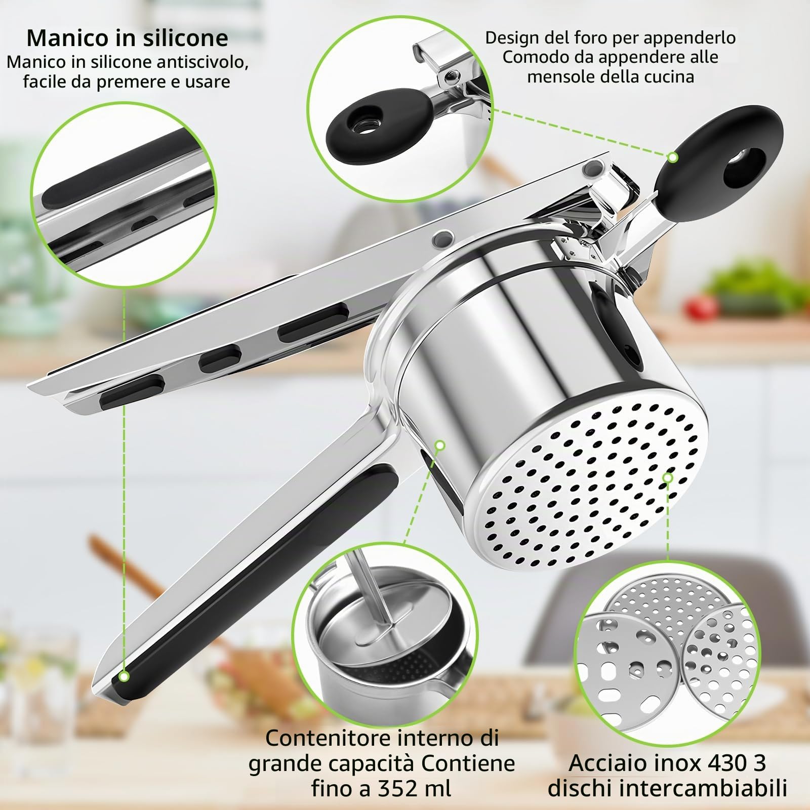 CIRULLI schiacciapatate,schiacciapatate Acciaio inox a tre Maglie Intercambiabili,torchio per Melanzane in Acciaio inox per Preparare Purè di Patate,Puree e Succhi di Verdure lisci come Spremiverdure