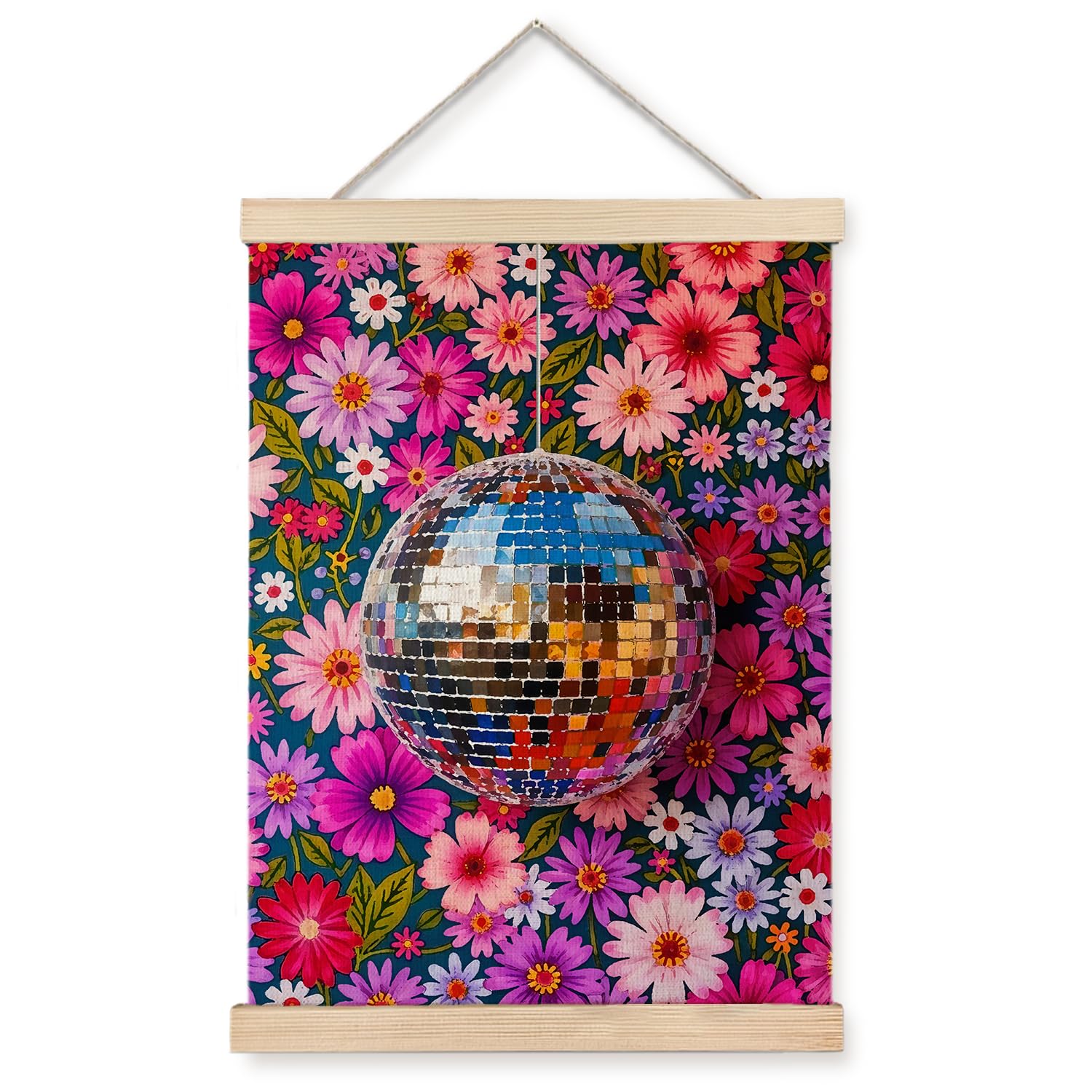 JINYO Disco Ball Maximalist Wall Art Decor, Disco Ball Wall Art, Dopamine Floral Wall Art for Home Living Room Bathroom Bedroom,Pink Floral Wall Art