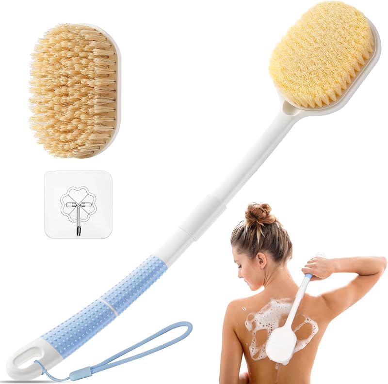 Rafow Ergonomic Back Scrubber for Shower - Anti Slip Long Handle Bath Brush with Stiff and Soft Bristles - Showering Exfoliator Wet or Dry Brushing for Women, Men, Elderly(Curved Handle Light Blue)