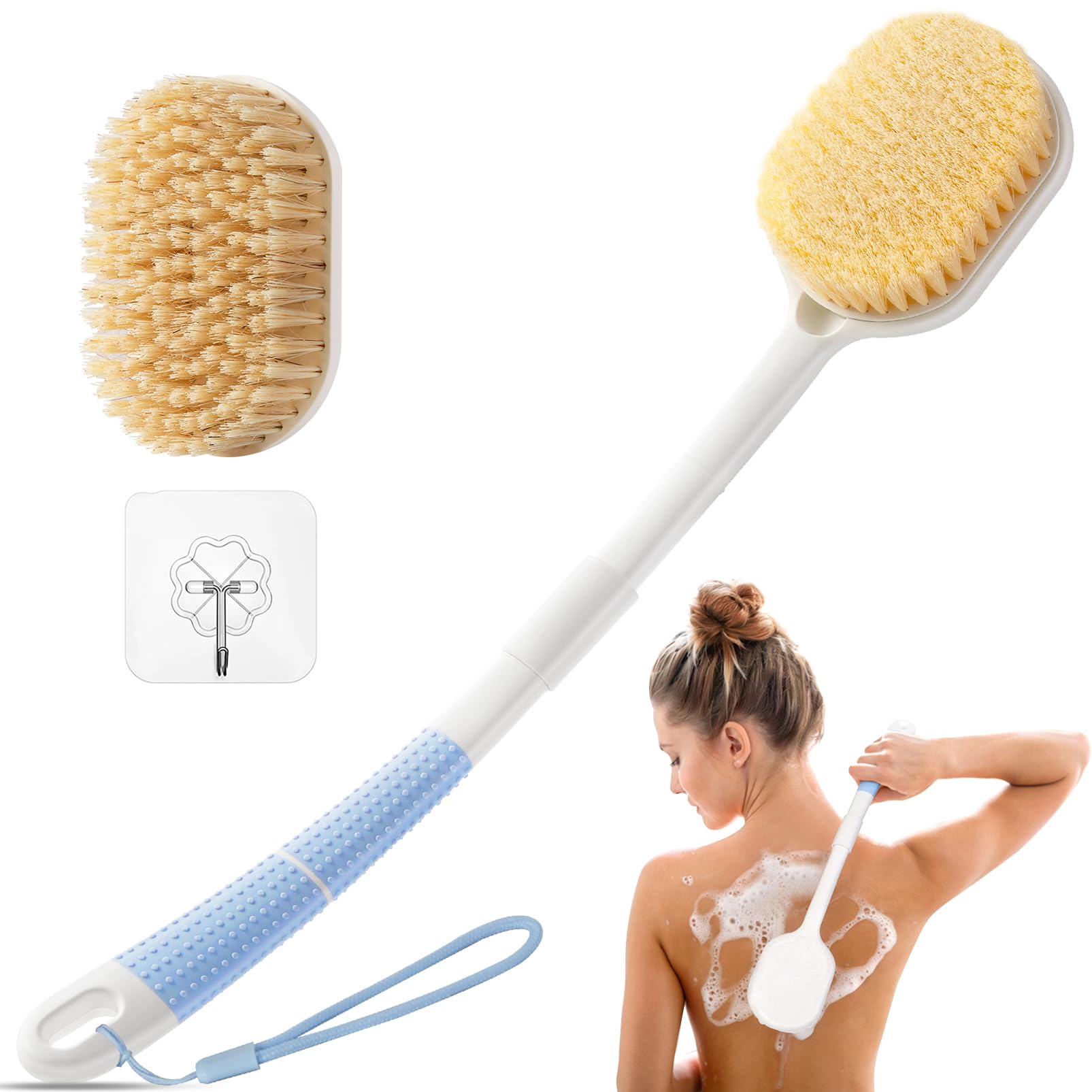 Rafow Ergonomic Back Scrubber for Shower - Anti Slip Long Handle Bath Brush with Stiff and Soft Bristles - Showering Exfoliator Wet or Dry Brushing