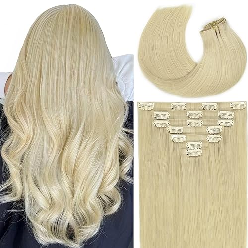 Vista 372 de Lacer Extensiones de cabello humano con clip, de doble trama, cabello brasileño de cabeza completa, color negro azabache, extensiones de cabello
