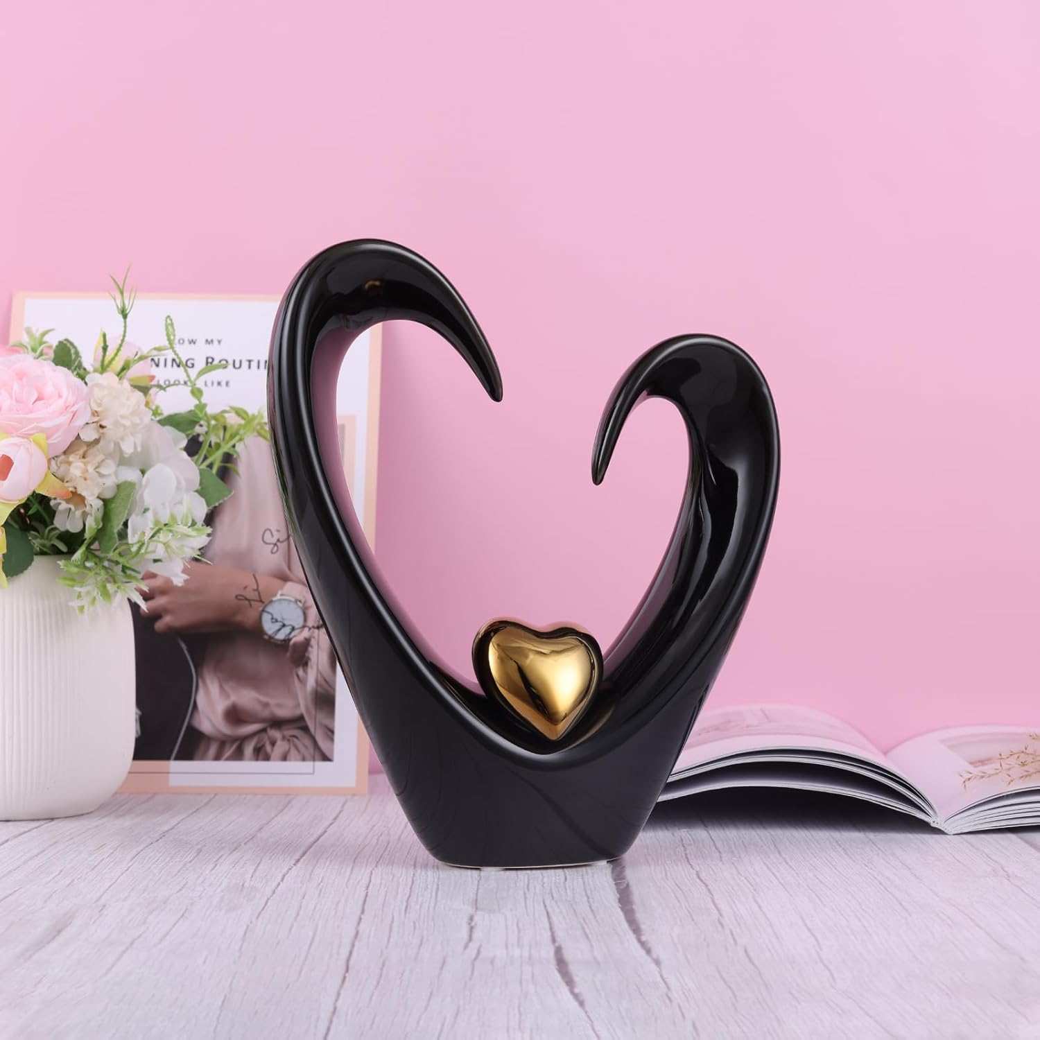orenm Ceramic Heart Sculpture,Black & Gold Abstract Home Decor Statues | 10.2 Inch for Couple Wedding,Heart Decor for Bedroom Living Room Shelves,Party Dining Table Decoration