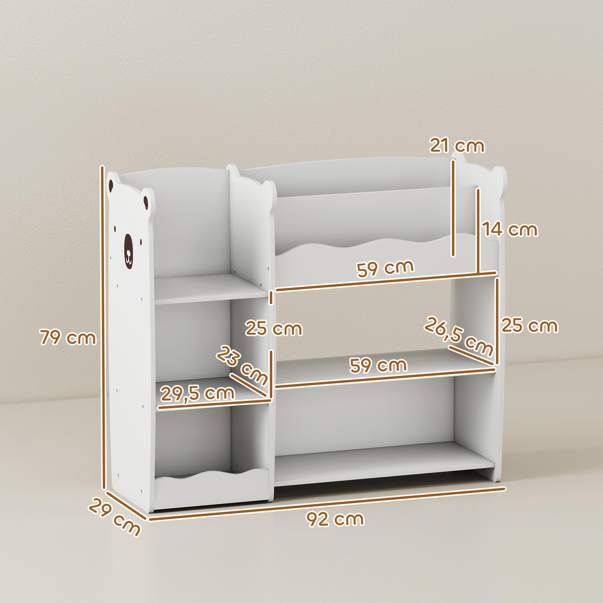 AIYAPLAY Scaffale per giocattoli per bambini con ripiani aperti, scomparti, design con orsacchiotti, organizer per giocattoli per camera da letto, sala giochi, asilo nido, bianco
