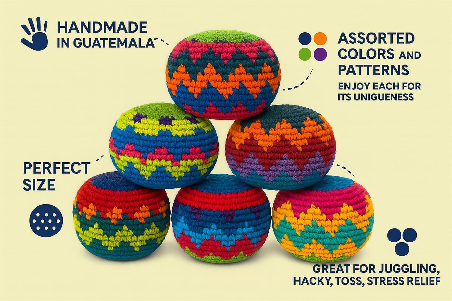 Funny Guy Mugs Hacky Kick Ball Sacks, Multicolored Crochet Assorted Geometric Pattern Hacky Ball, Foot Bag Kick Sack, Indoor and Outdoor Toys for Kids and Adults, Set of 6 (Pack of 2)