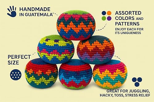 Miniatura 2 de Funny Guy Mugs Sacos de Pelota Hacky Kick, Sacos de Ganchillo Multicolor con Patrón Geométrico Surtido, Saco de Patadas, Bolsa de Pie, Juguetes de