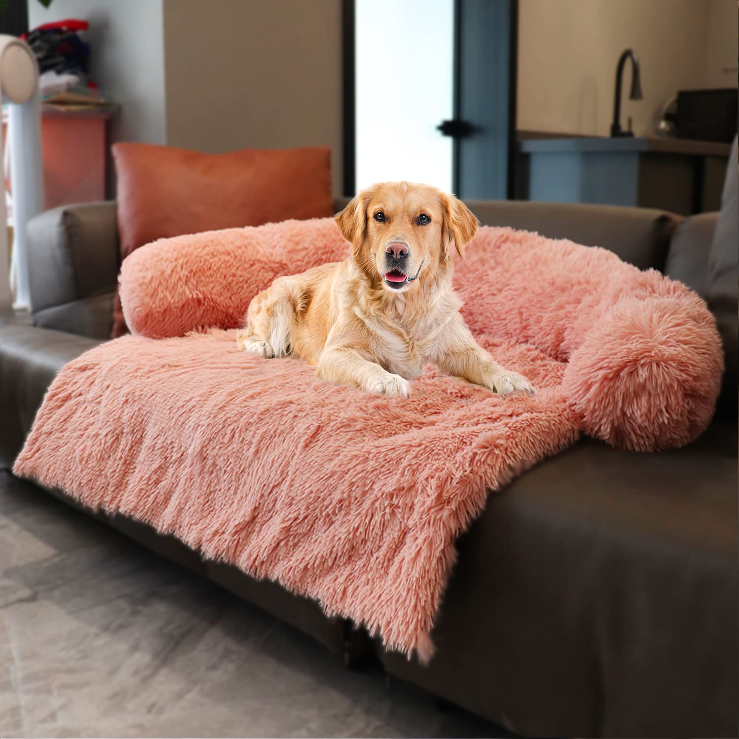 Dekeyoo Waterproof Dog Beds for Couch with Soft Neck Bolster, Universal Pet Furniture Cover, Sofa Bed Cover, Plush Dog Bed and More for Dogs and Cats,