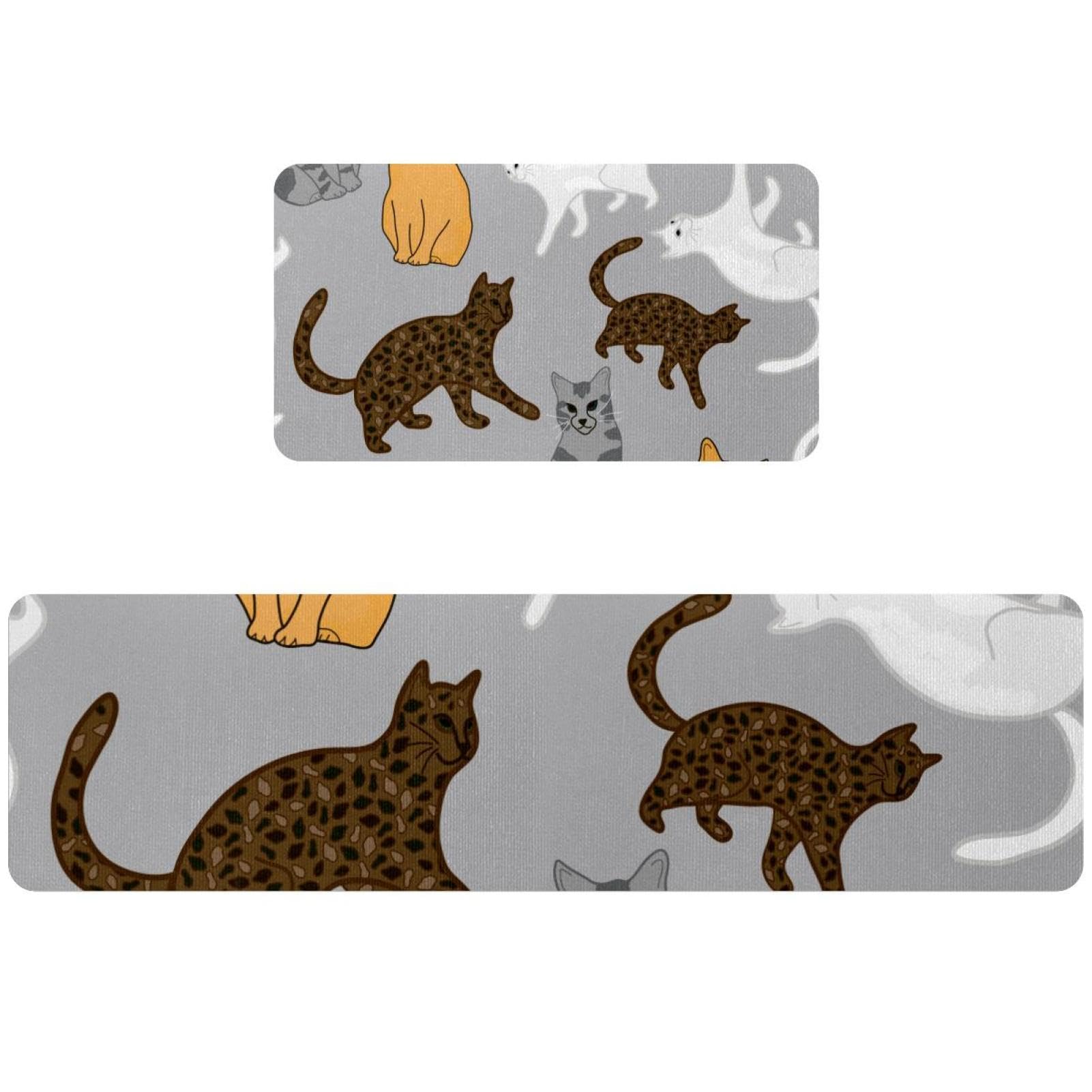 Tapis de cuisine pour couloir et buanderie motif chats léopard gris et jaune