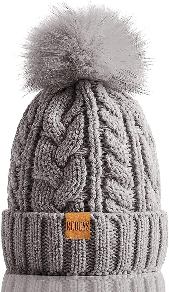 REDESS Women Winter Pompom Beanie Hat with Warm Fleece Lined Thick Slouchy Snow Knit Hat Skull Ski Cap
