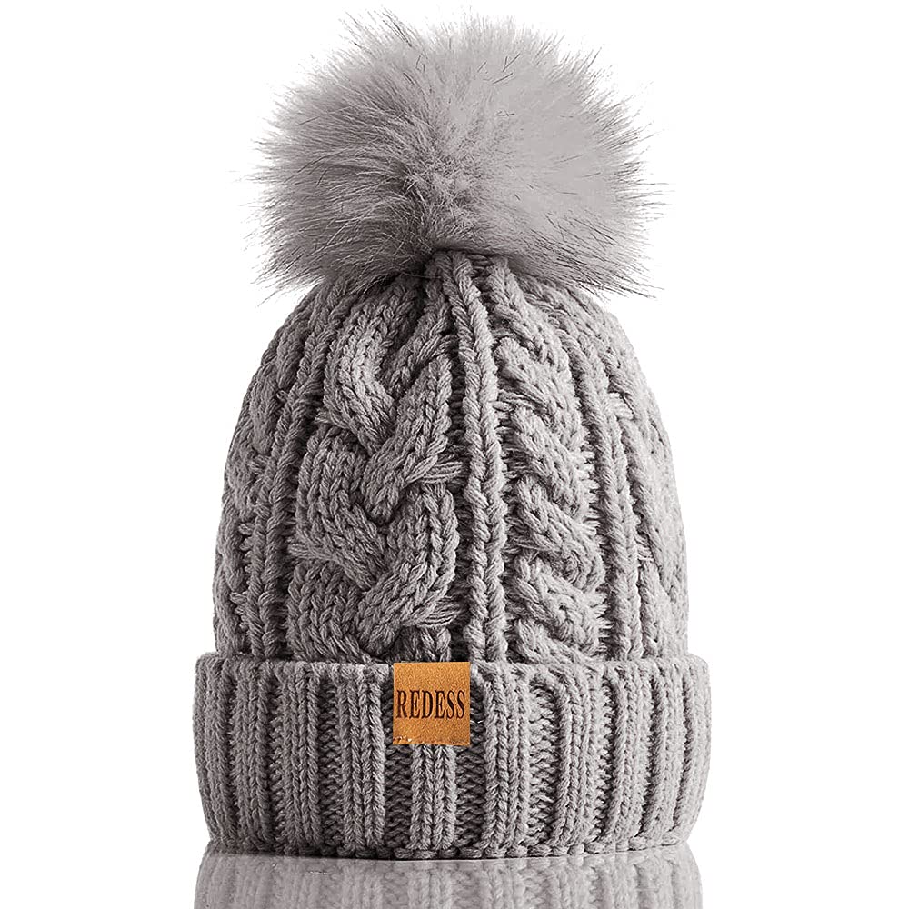 redess women winter pompom beanie hat with warm fleece lined, thick slouchy snow knit skull ski cap