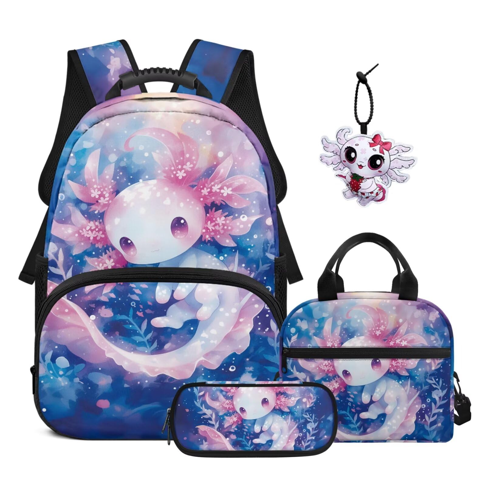 Juego de mochila escolar de 4 piezas con fiambrera, estuche y colgante para bolsa, para niños, adolescentes, escuela primaria y secundaria, Flores de ajolote rosa, moderno