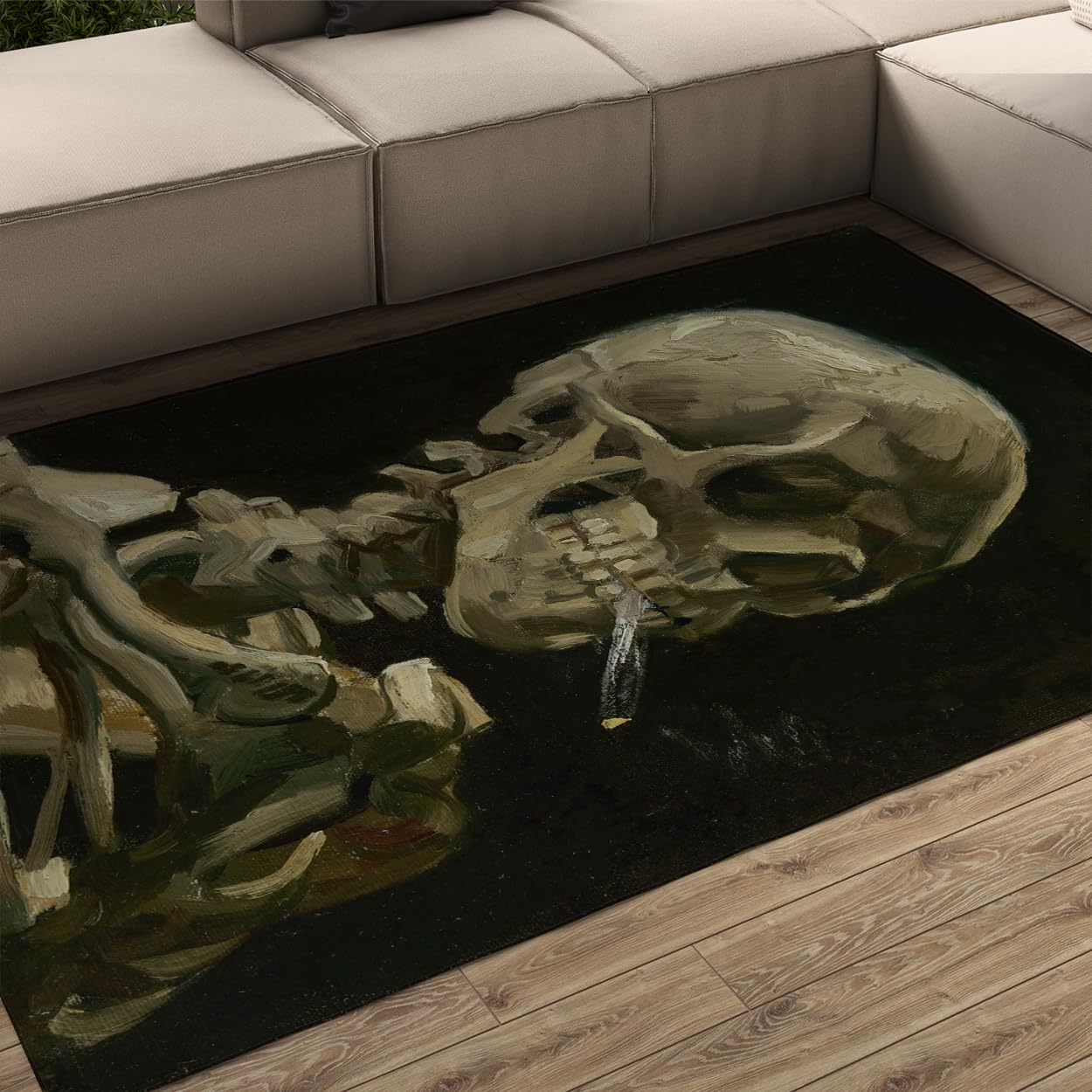 Tapis 60x90 pour le salon style bohème foncé lavable à motif crâne