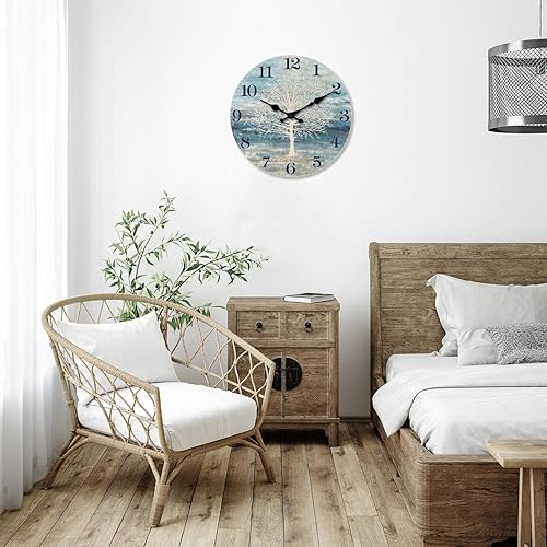 Miniatura 2 de XFM Reloj de Pared del Árbol de la Vida Silencioso Sin Tic-Tac Relojes de Madera Operado por Batería 16 Pulgadas Pequeño País Retro Decorativo Azul