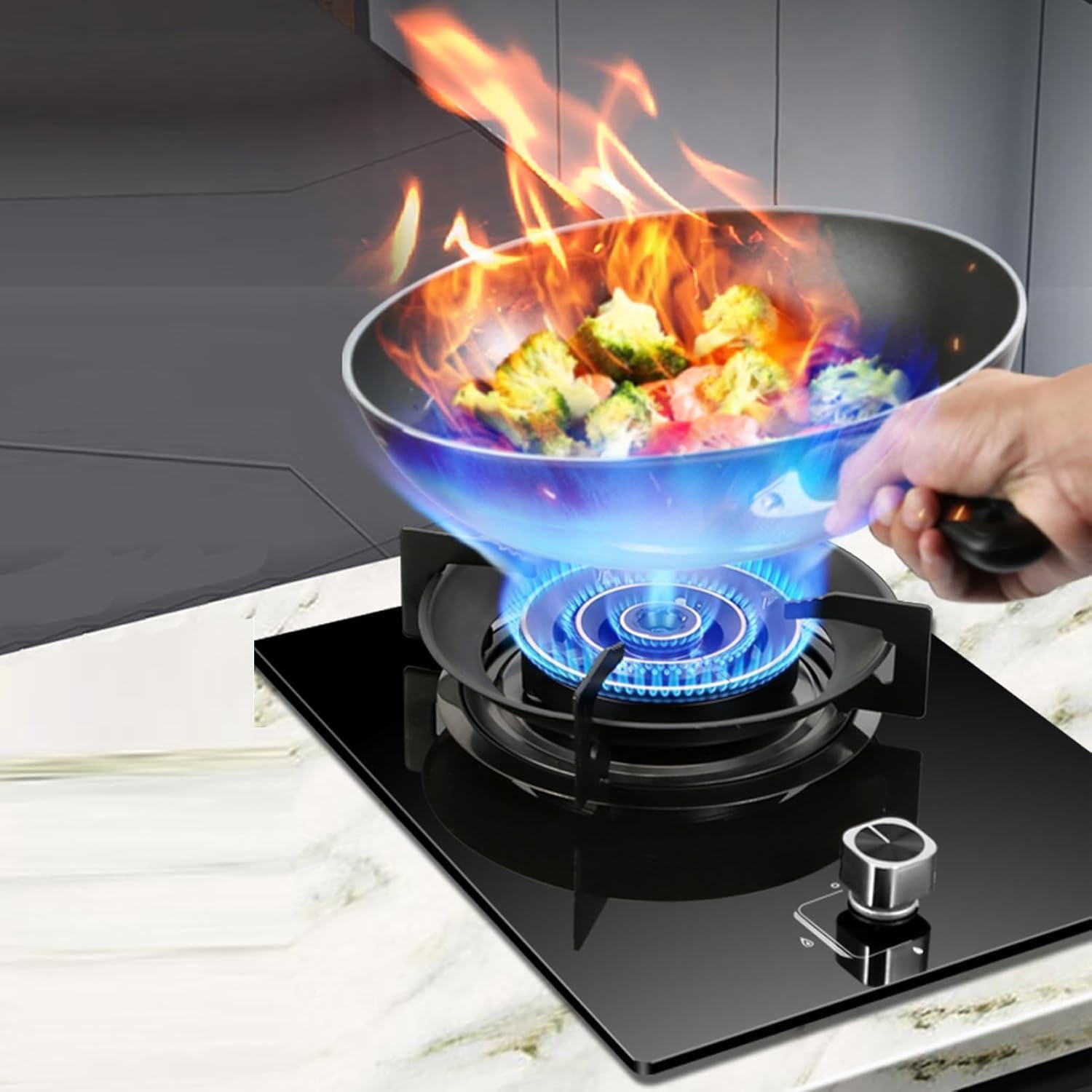 Gas Stove 1 Burners,Natural Gas-energy Direct Injection Fierce Fire,Black Glass Cast Iron Pot Holder, Home Kitchen with Flameout Protection(NG)